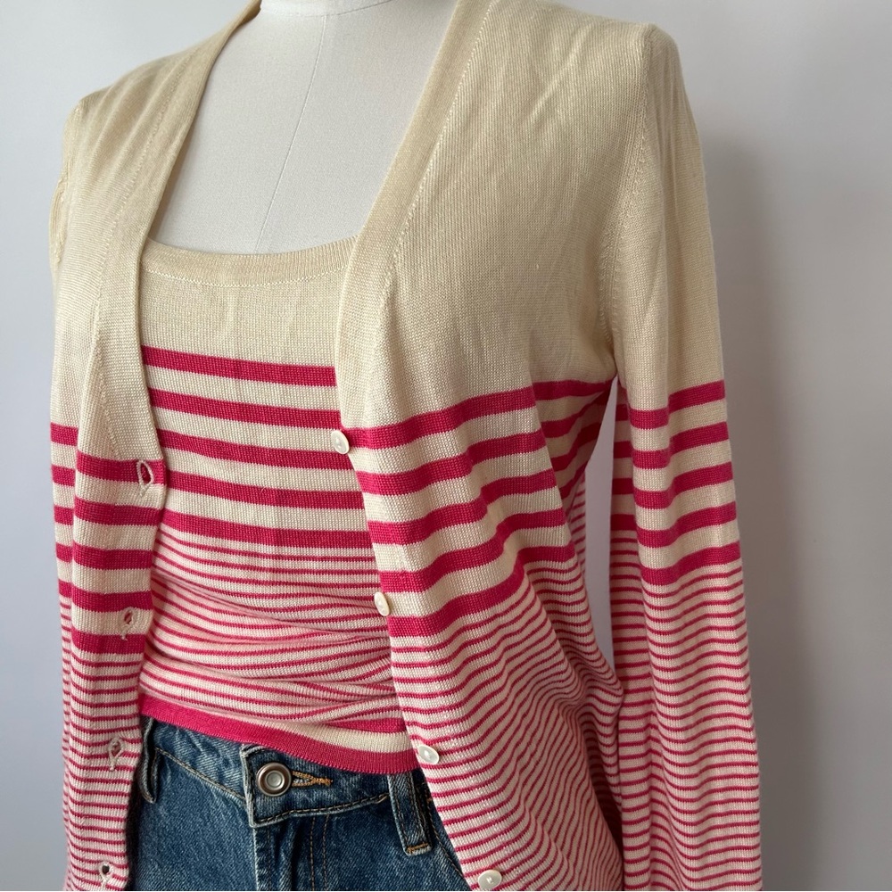 VTG 80s Ivoire de Balmain Paris Striped Cardigan & Cami Set | Silk Cashmere M - Picture 8 of 14
